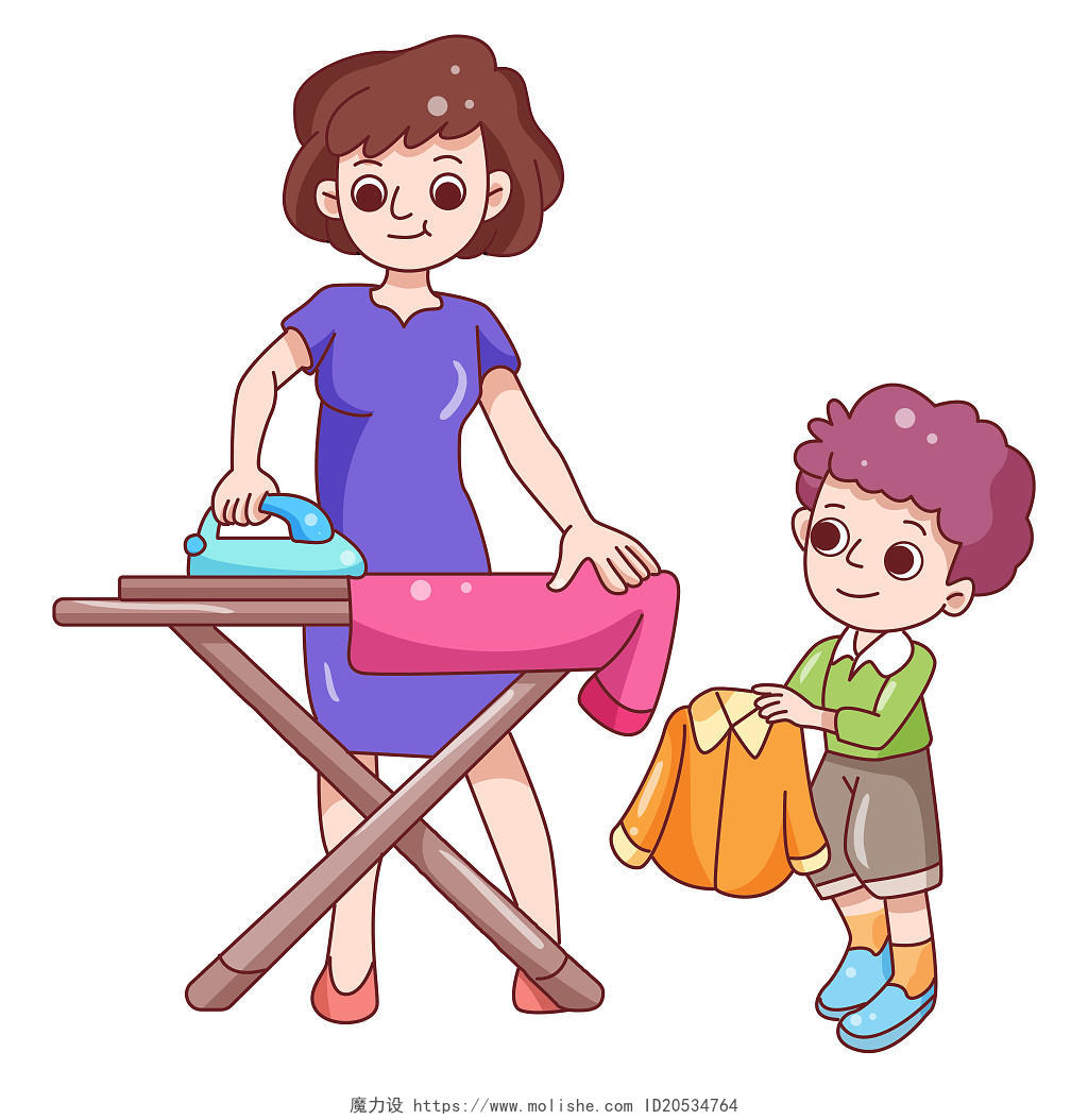卡通家庭生活教育母子熨衣服整理插画素材png
